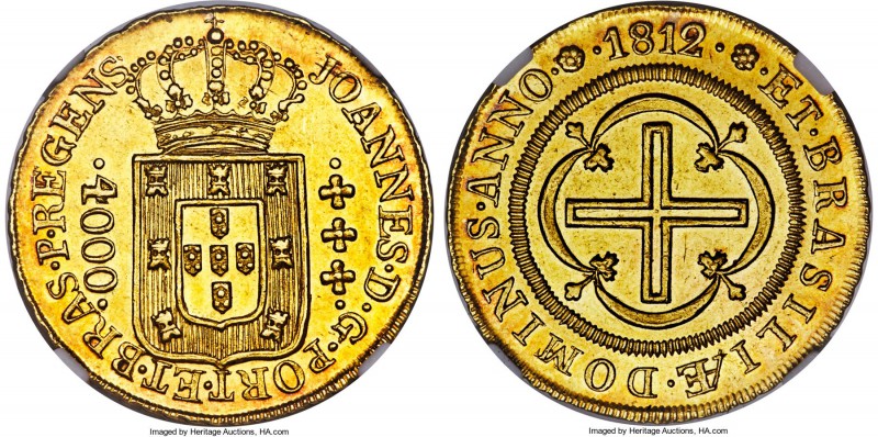 João Prince Regent gold 4000 Reis 1812-(R) MS62 NGC, Rio de Janeiro mint, KM235....