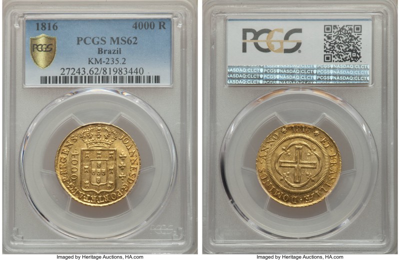 João Prince Regent gold 4000 Reis 1816 MS62 PCGS, Rio de Janiero mint, KM235.2, ...