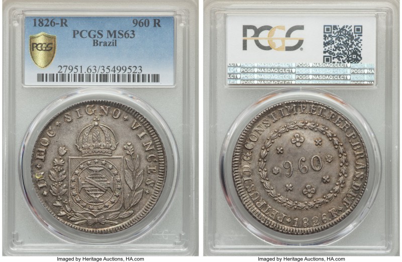 Pedro I 960 Reis 1826-R MS63 PCGS, Rio de Janeiro mint, KM368.1. One of the high...