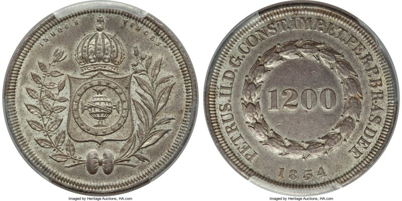 Pedro II 1200 Reis 1834 AU58 PCGS, Rio de Janeiro mint, KM454. Mintage: 891. The...