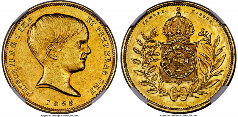 Pedro II gold 10000 Reis 1835 AU58 NGC, Rio de Janeiro mint, KM451, LMB-0617. On...