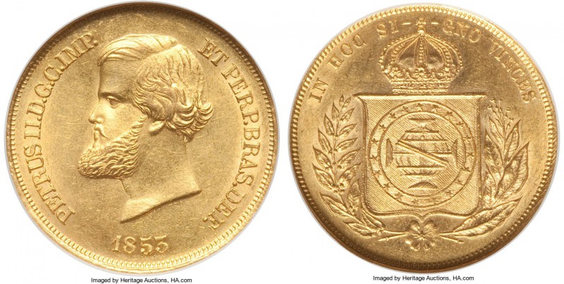 Pedro II gold 10000 Reis 1853 MS62 NGC, KM467. A nice lustrous coin with sharp d...