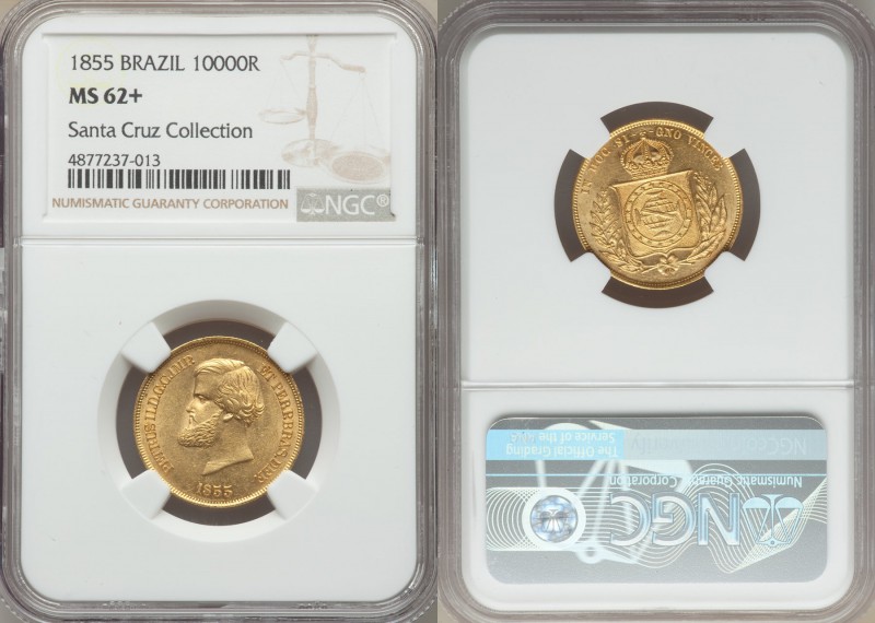 Pedro II gold 10000 Reis 1855 MS62+ NGC, KM467. Ex. Santa Cruz Collection

HID99...