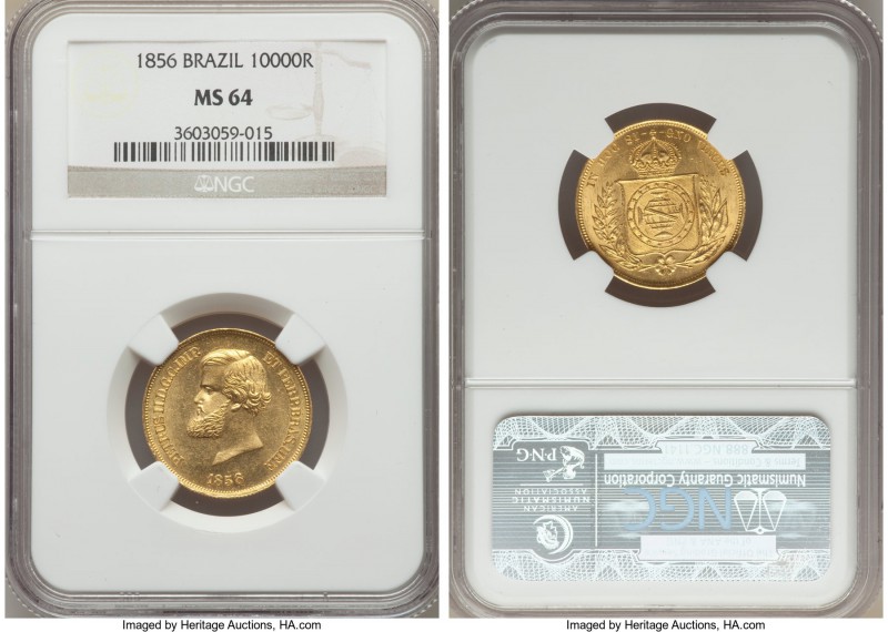 Pedro II gold 10000 Reis 1856 MS64 NGC, Rio de Janeiro, KM467. A piece which in ...
