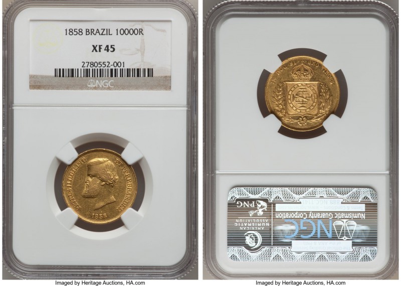 Pedro II gold 10000 Reis 1858 XF45 NGC,  KM467. A pleasing example with clean su...