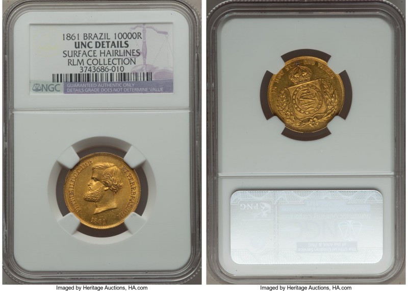 Pedro II gold 10000 Reis 1861 UNC Details (Surface Hairlines) NGC, KM467, Russo-...