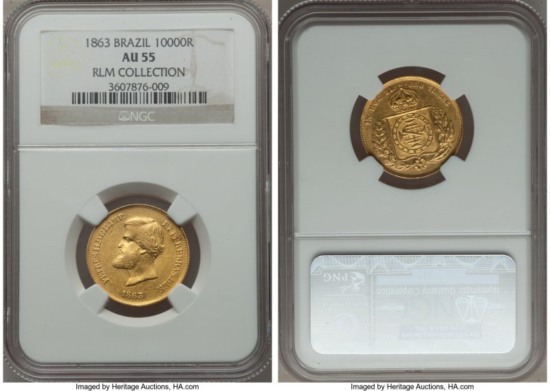 Pedro II gold 10000 Reis 1863 AU55 NGC, KM467, Russo-651, AU55 NGC. A lightly ci...
