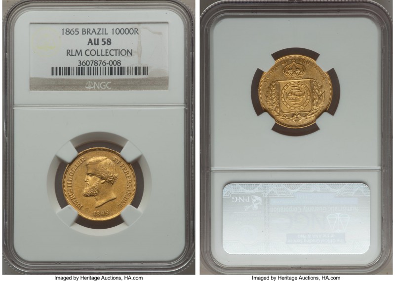 Pedro II gold 10000 Reis 1865 AU58 NGC, KM467, Russo-652. Delicately toned on th...