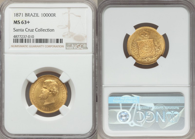 Pedro II gold 10000 Reis 1871 MS63+ NGC, KM467. Ex. Santa Cruz Collection

HID99...