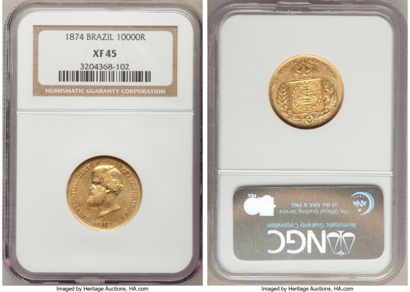 Pedro II gold 10000 Reis 1874 XF45 NGC, KM467. Light fields abrasions with a cer...