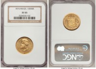 Pedro II gold 10000 Reis 1874 XF45 NGC, KM467. Light fields abrasions with a certain sharpness to the legends. From the Grand Castello Collection

HID...