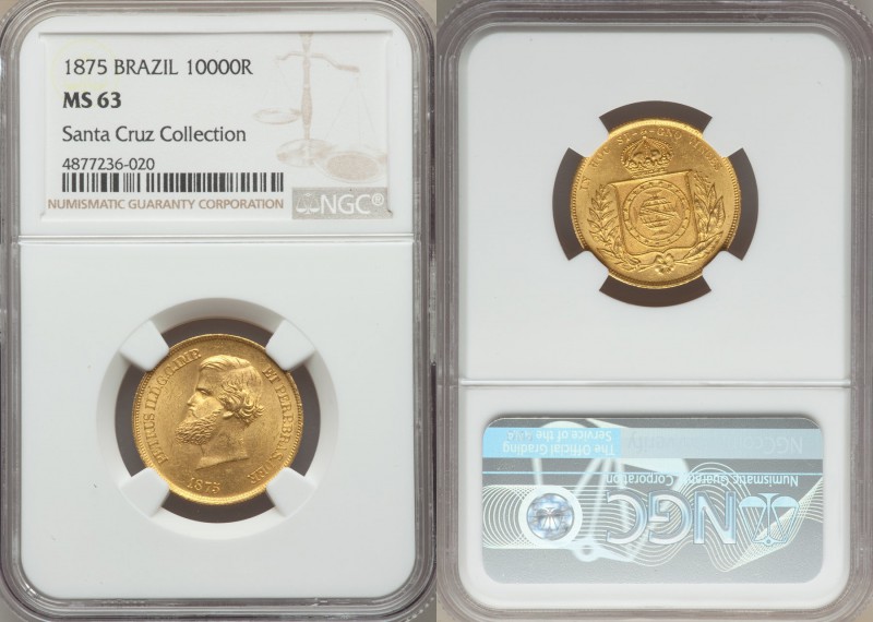 Pedro II gold 10000 Reis 1875 MS63 NGC, KM467.Ex. Santa Cruz Collection

HID9991...
