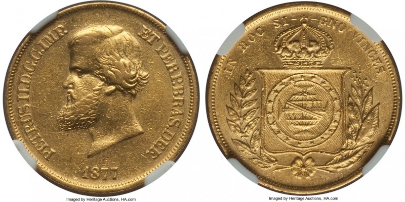 Pedro II gold 10000 Reis 1877 AU55 NGC, KM467, Russo-661. The reverse detail rem...