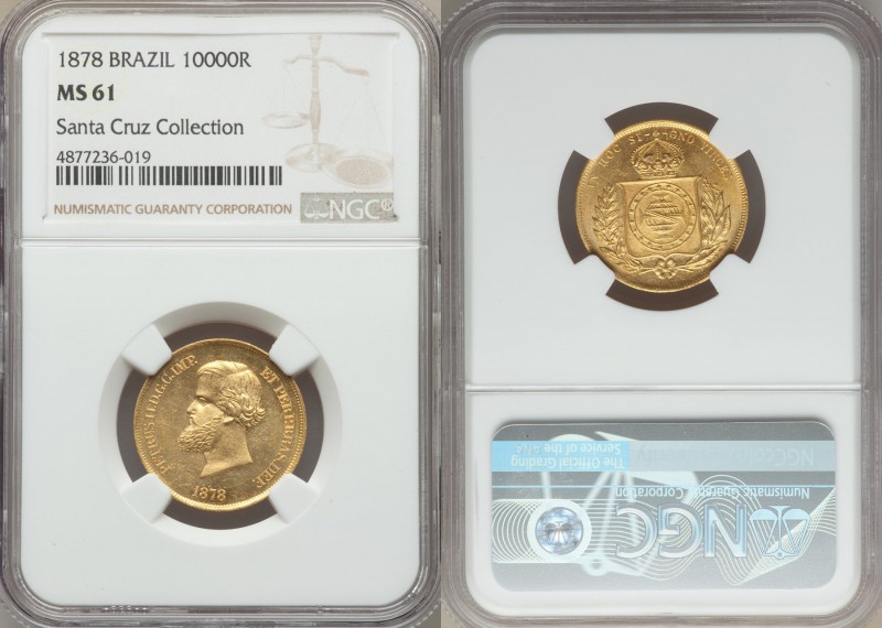 Pedro II gold 10000 Reis 1878 MS61 NGC, KM467. A well preserved representation, ...