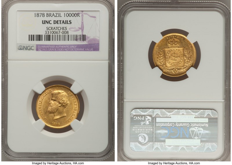 Pedro II gold 10000 Reis 1878 UNC Details (Scratches), KM467. A brilliant specim...