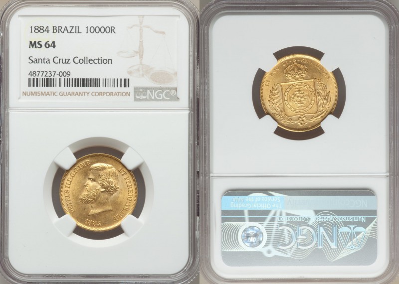 Pedro II gold 10000 Reis 1884 MS64 NGC, KM467. A shimmering near gem of a high c...