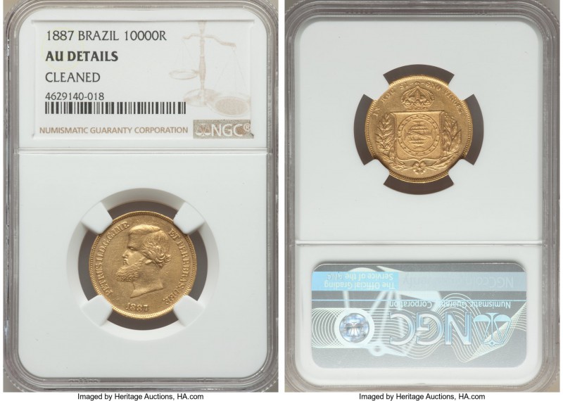 Pedro II gold 10000 Reis 1887 AU Details (Cleaned) NGC, KM467. An attractive typ...