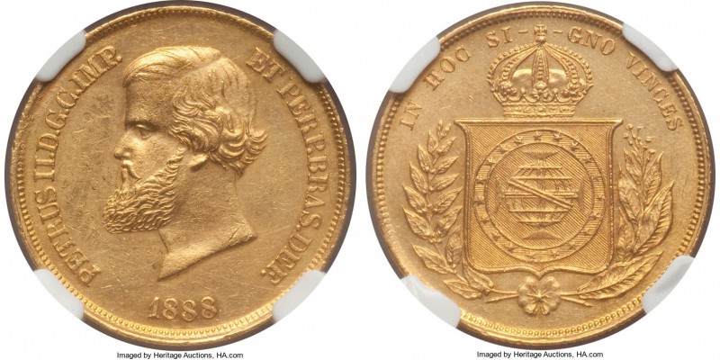 Pedro II gold 10000 Reis 1888 AU58 NGC, KM467. Lightly toned and original, with ...