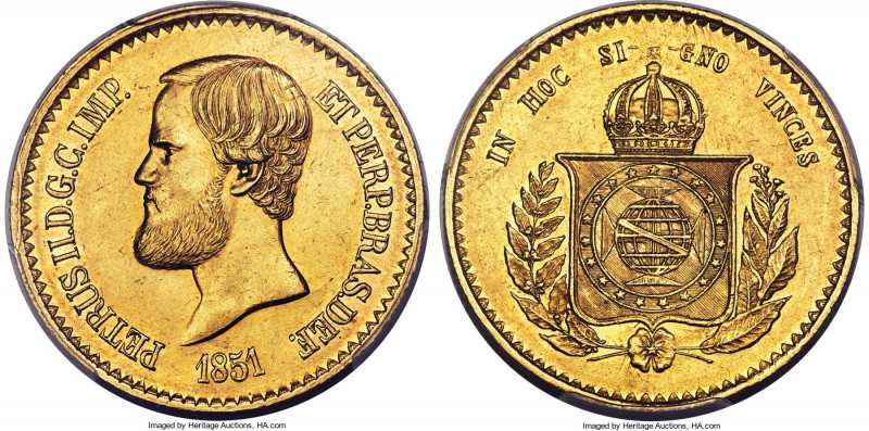 Pedro II gold 20000 Reis 1851 MS62 PCGS, KM463. A few scattered hairlines but ov...