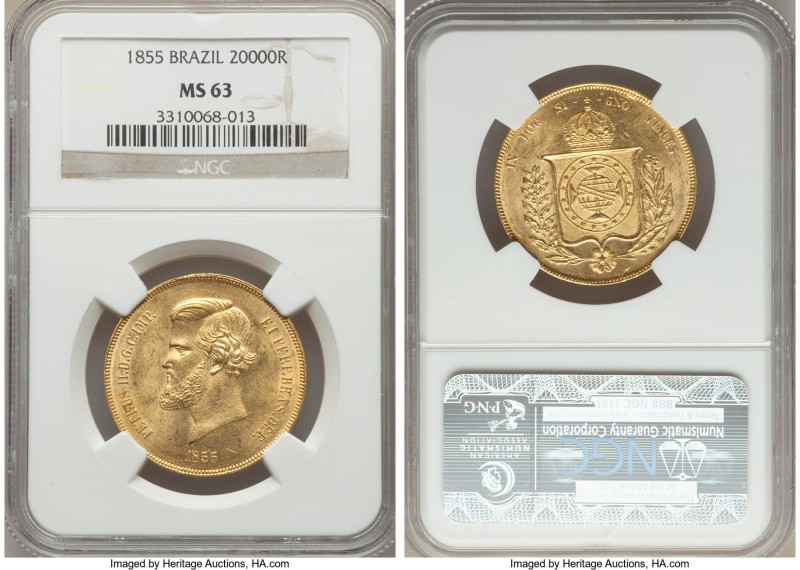 Pedro II gold 20000 Reis 1855 MS63 NGC, Rio de Janeiro mint, KM468. A most impre...