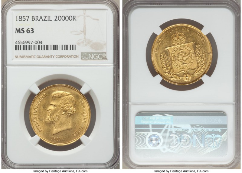 Pedro II gold 20000 Reis 1857 MS63 NGC, Rio de Janeiro mint, KM468. Fully choice...