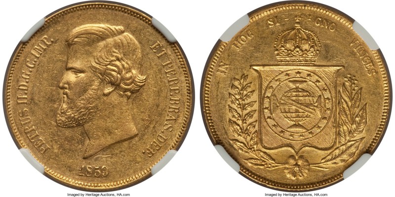 Pedro II gold 20000 Reis 1859 AU58, KM468. Lightly handling with scattered conta...
