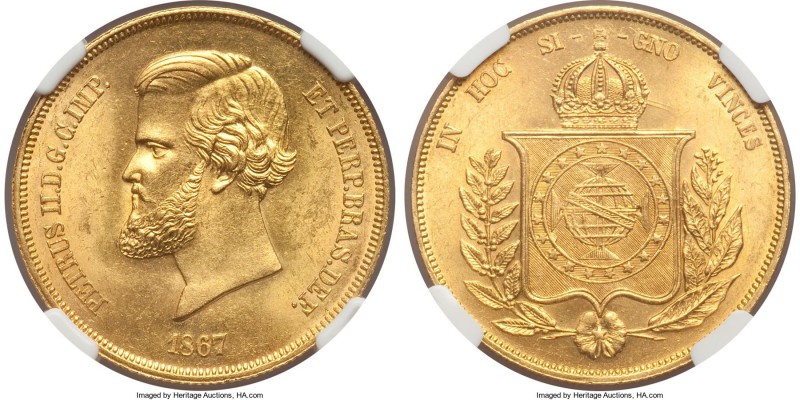 Pedro II gold 20000 Reis 1867 MS63 NGC, KM468. A choice specimen demonstrating f...