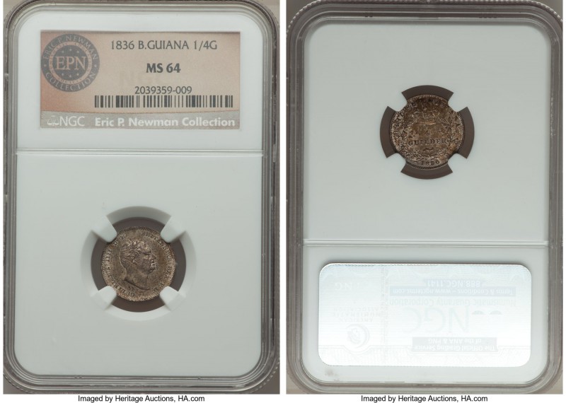 British Colony. William IV 1/4 Guilder 1836 MS64 NGC, KM23. A mottled and deeply...