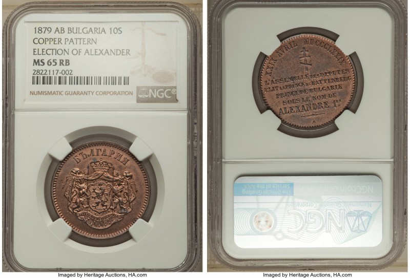 Alexander I copper Pattern 10 Stotinki 1879-AB MS65 Red and Brown NGC, Brussels ...