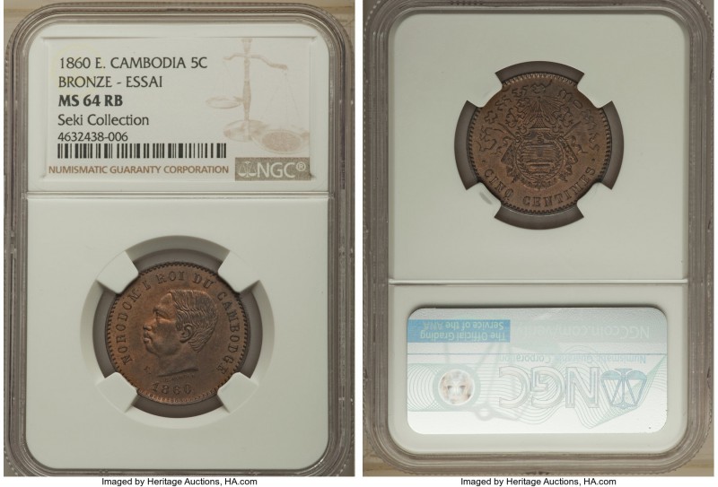Norodom I bronze Essai 5 Centimes 1860 MS64 Red and Brown NGC, KMX-E1. A lovely ...