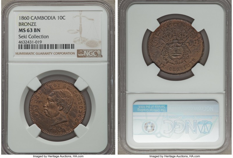Norodom I bronze Medallic 10 Centimes 1860 MS63 Brown NGC, KMX-M3. Brimming with...