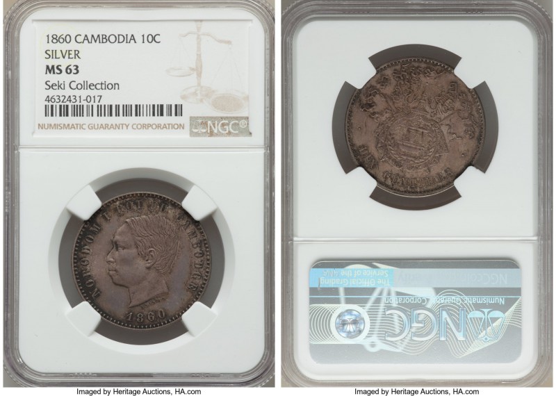 Norodom I silver Essai 10 Centimes 1860 MS63 NGC, KMX-E3a. Reported Mintage: 110...