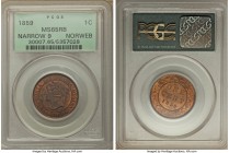 Victoria "Narrow 9" Cent 1859 MS65 Red and Brown PCGS, London mint, KM1. An elusive early issue, tied for the finest certified at PCGS, and in full bl...