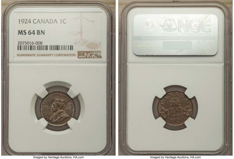George V Cent 1924 MS64 Brown NGC, Ottawa mint, KM28. A chocolaty near-gem, full...