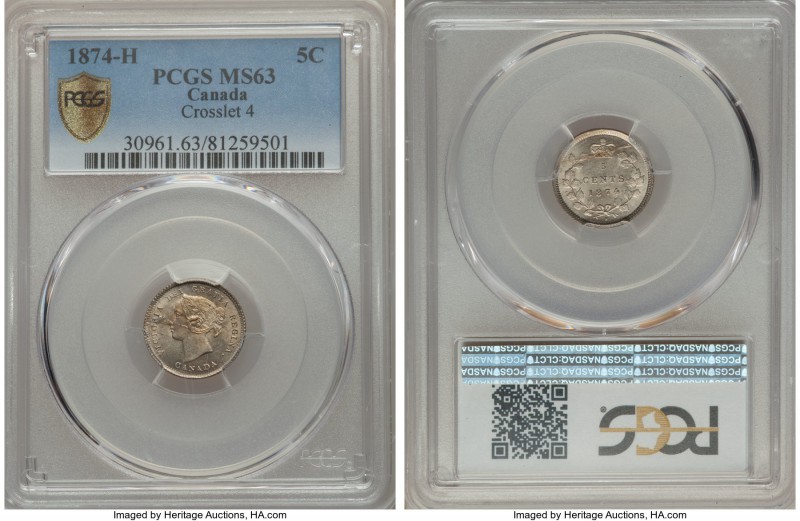Victoria 5 Cents 1874-H MS63 PCGS, KM2. A choice example with a soft touch of pa...