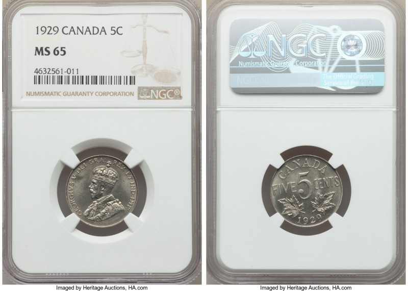 George V 5 Cents 1929 MS65 NGC, Ottawa mint, KM29. A conditional rarity in this ...