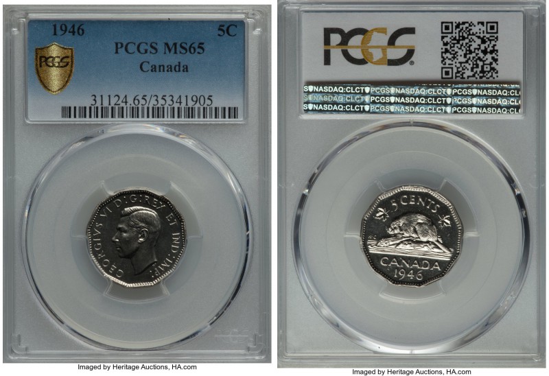 George VI 5 Cents 1946 MS65 PCGS, Royal Canadian mint, KM39a. Practically flawle...