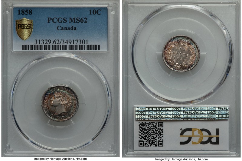 Victoria 10 Cents 1858 MS62 PCGS, London mint, KM3. Delightfully toned, with a  ...