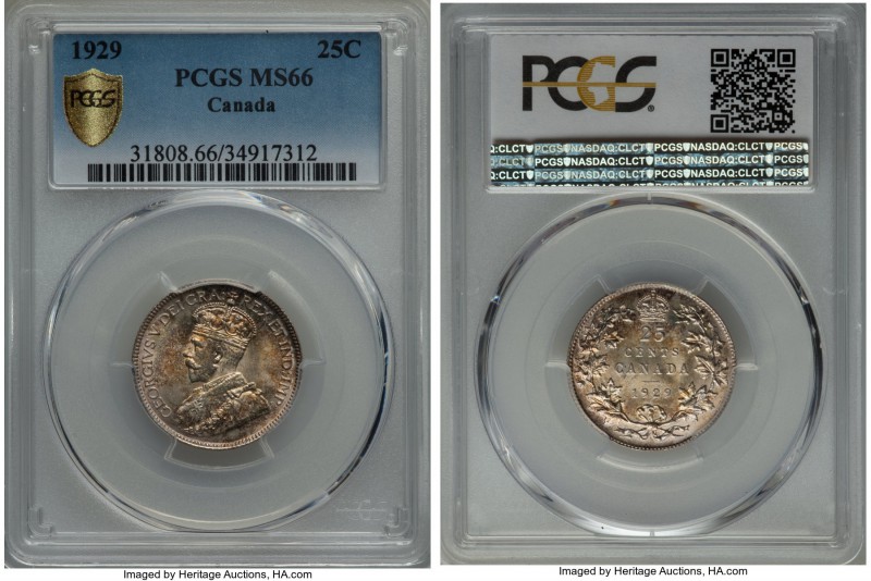 George V 25 Cents 1929 MS66 PCGS, Ottawa mint, KM24a. Glowingly lustrous, with a...