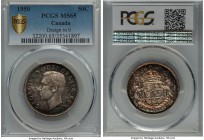 George VI "Design in 0" 50 Cents 1950 MS65 PCGS, Royal Canadian mint, KM45. Variety with design in the 0 on the reverse. A sparkling offering displayi...