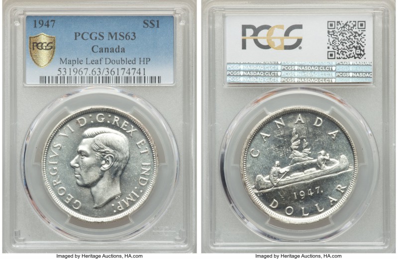 George VI "Maple Leaf - Doubled HP" Dollar 1947 MS63 PCGS, Royal Canadian mint, ...