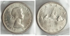Elizabeth II Dollar 1955 MS64 ICCS,  KM54. Arnprior with die breaks. A highly sought-after variety of this popular type, resplendent with cartwheel lu...