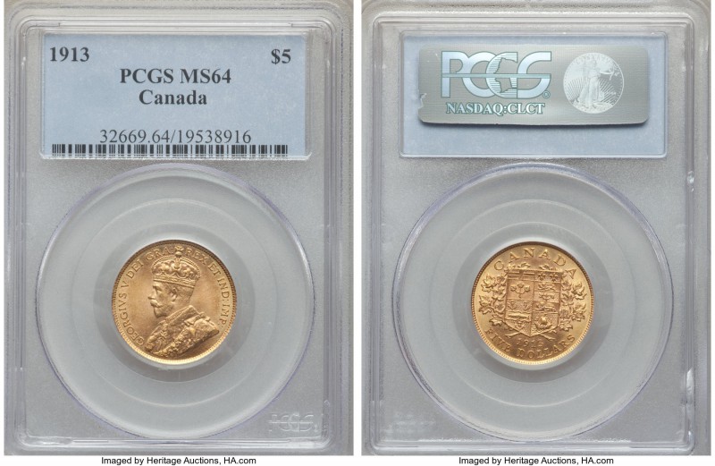 George V gold 5 Dollars 1913 MS64 PCGS, Ottawa mint, KM26.

HID99912102018