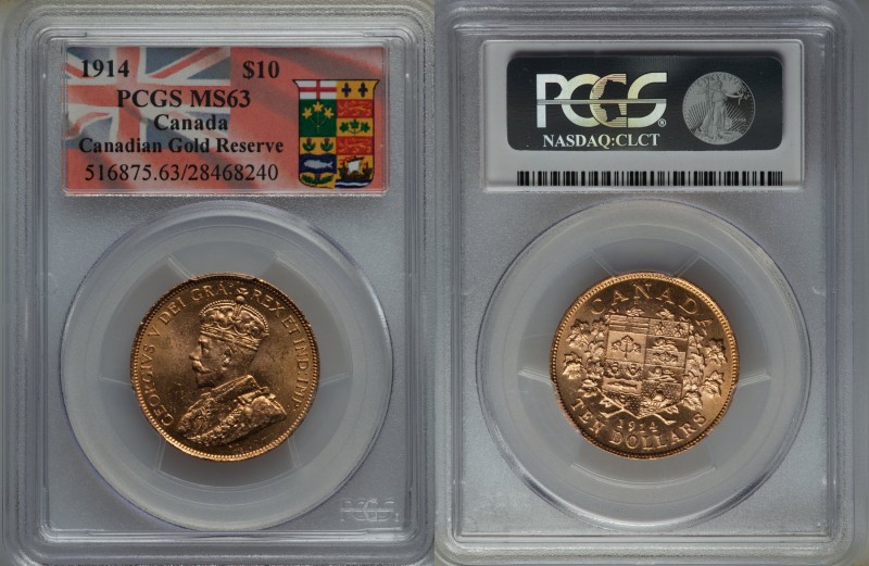 George V gold 10 Dollars 1914 MS63 PCGS, Ottawa mint, KM27. AGW 0.4837 oz. Ex. C...