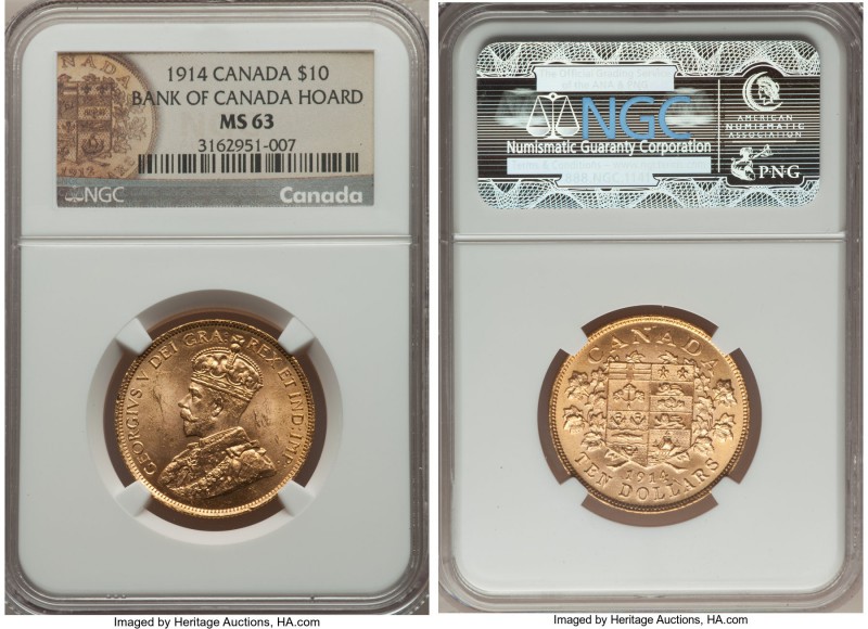 George V gold 10 Dollars 1914 MS63 NGC, Ottawa mint, KM27. A choice example with...
