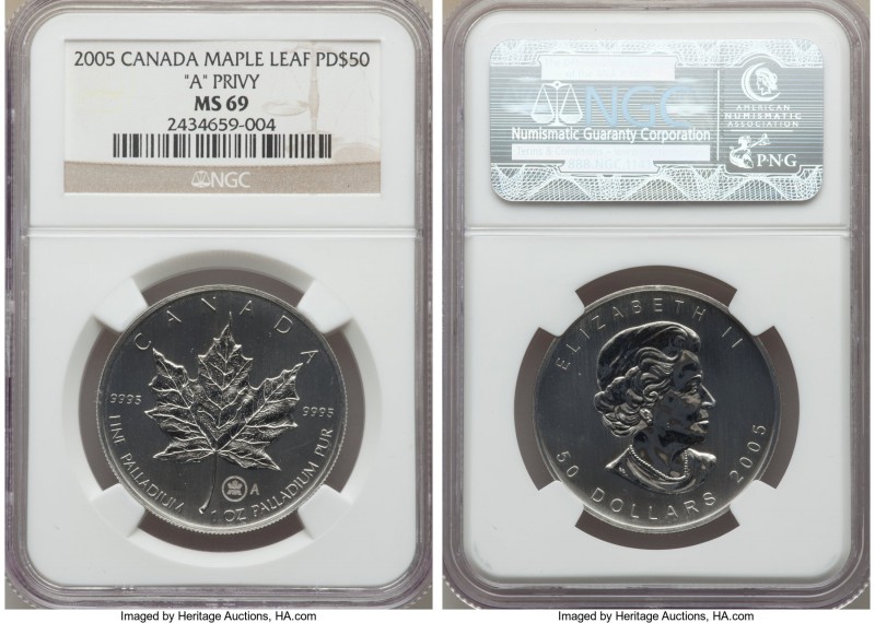 Elizabeth II palladium Maple Leaf 50 Dollars 2005 MS69 NGC, KM-Unl. APdW 1.00 oz...