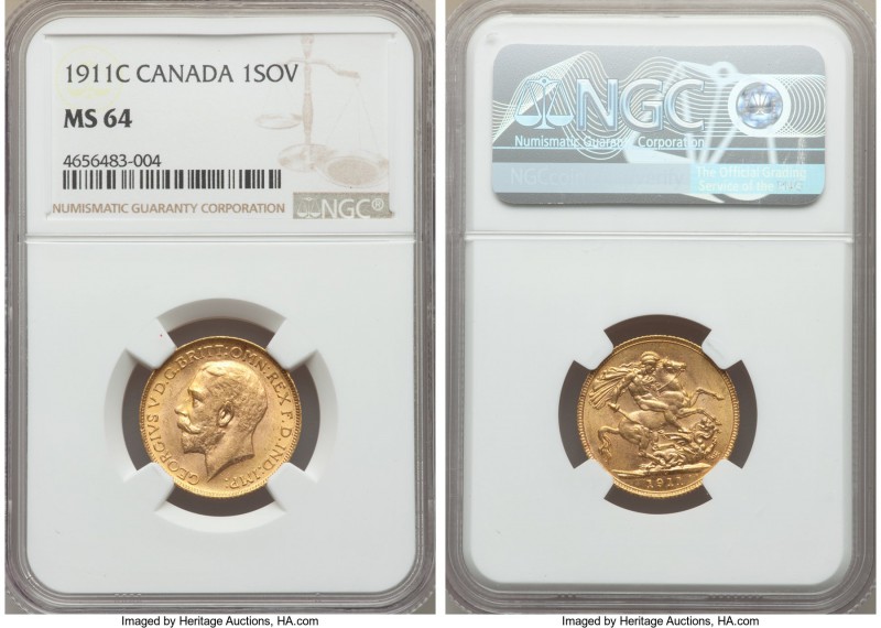 George V gold Sovereign 1911-C MS64 NGC, Ottawa mint, KM20. AGW 0.2355 oz.

HID9...