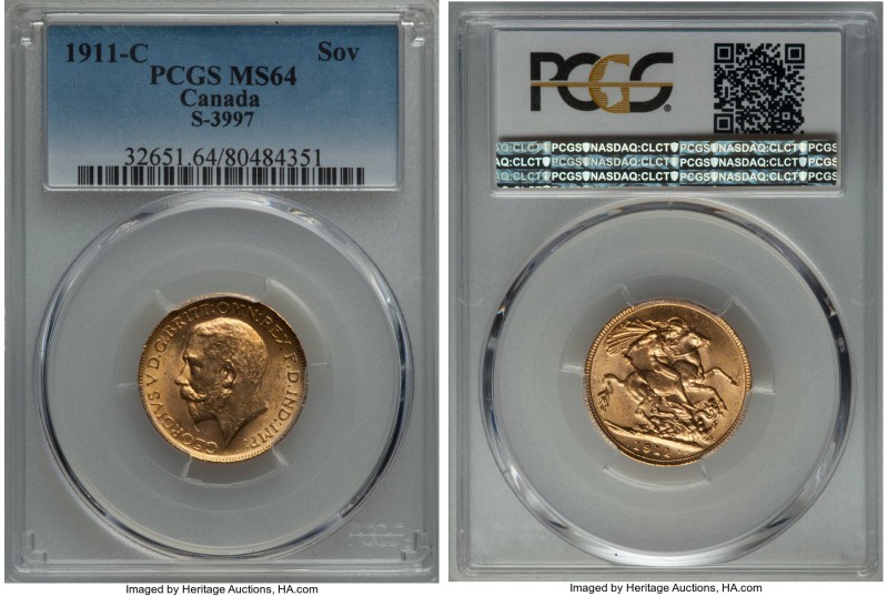 George V gold Sovereign 1911-C MS64 PCGS, Ottawa mint, KM20, S-3997. Highly lumi...