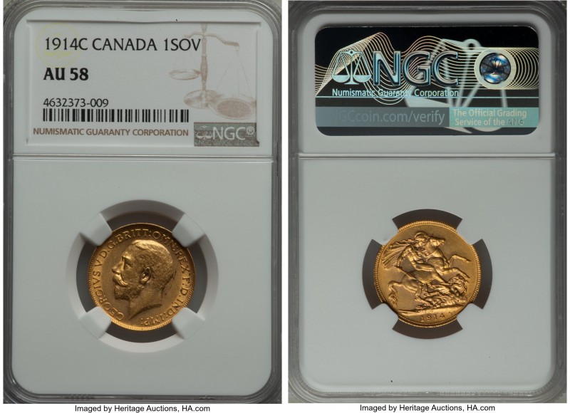 George V gold Sovereign 1914-C AU58 NGC, Ottawa mint, KM20. Mintage: 14,871. The...