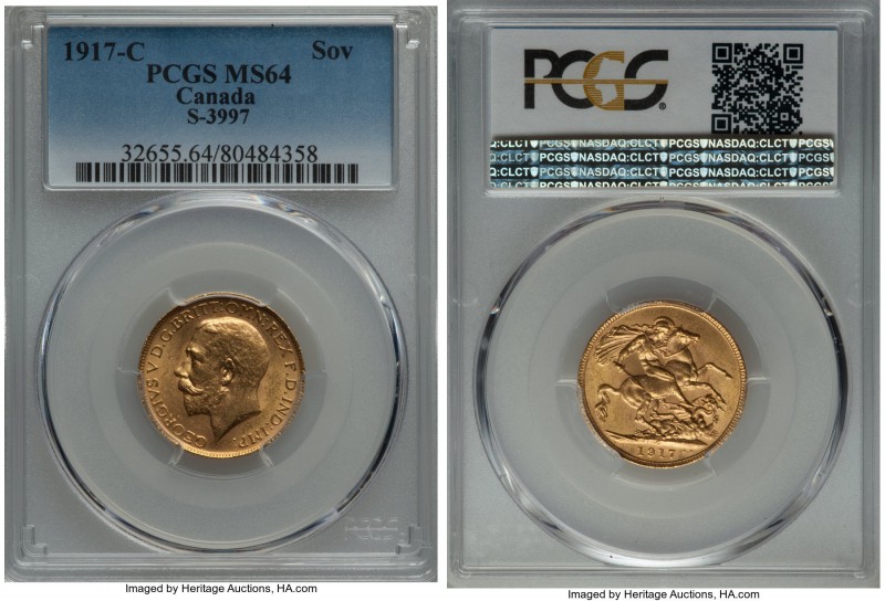 George V gold Sovereign 1917-C MS64 PCGS, Ottawa mint, KM20, S-3997. A deeper to...